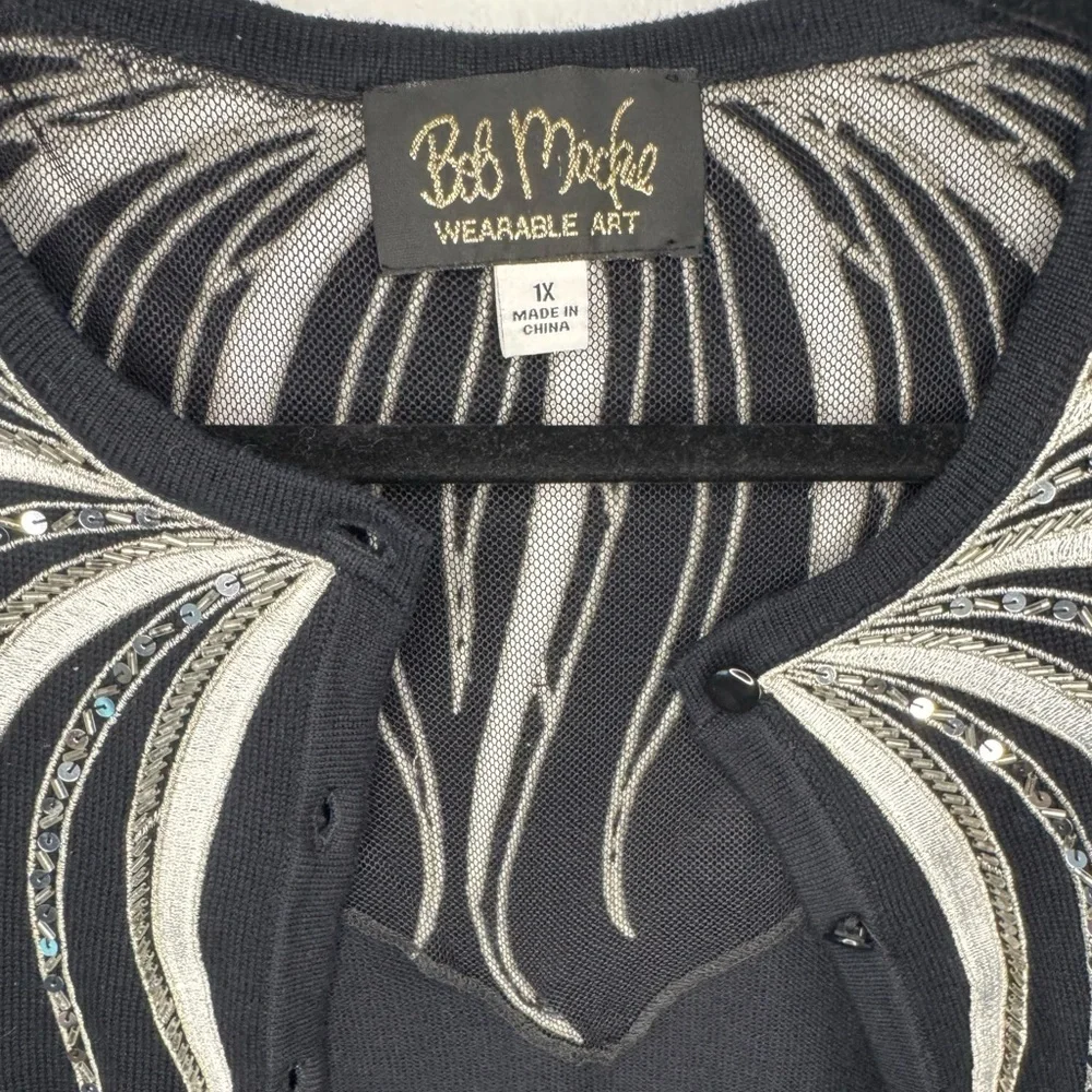 Bob Mackie Wearable Art Black Embellished Cardigan Top – Women’s 1X